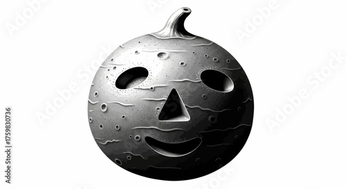 Mysterious Spherical Object with Carved Face and Textured Surface.