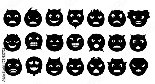 Set of Black and White Devil Emoji Icons Expressing Various Emotions.