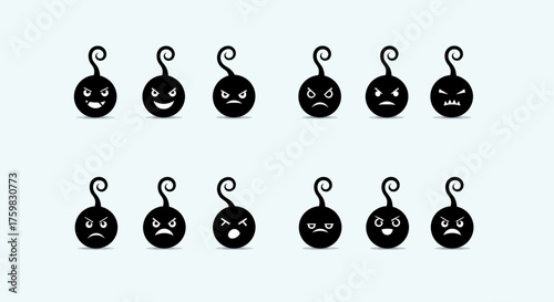 Set of Black Cartoon Bombs with Various Facial Expressions.