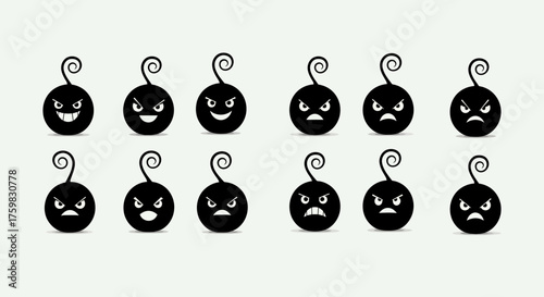 Set of black cartoon bombs with various facial expressions.