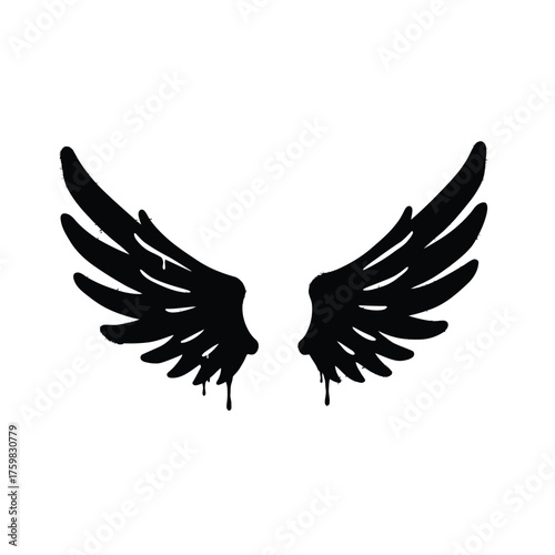 Abstract black graffiti style angel wings with drips isolated on white silhouette