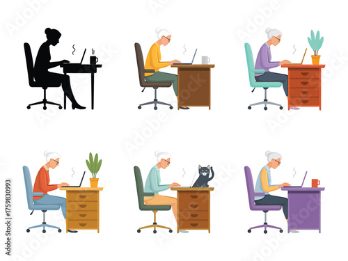 Senior woman working at home on a laptop in different styles