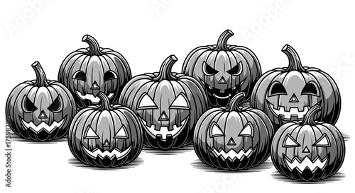 Spooky Halloween Jack O Lanterns Grouped Together.