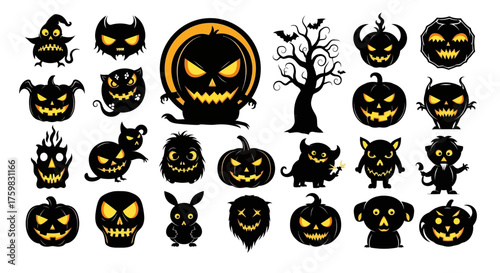 Spooky Halloween Pumpkin and Monster Silhouettes Collection.