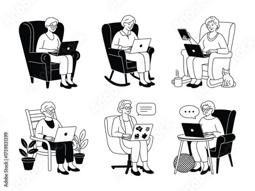 Set of senior women working remotely and enjoying technology at home
