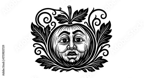 Vintage Woodcut Style Apple with Human Face and Ornate Leaves.