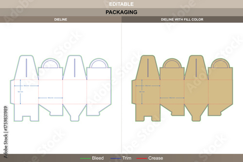 Tuck end box dieline with handle feature detailed vector printing packaging layout smooth closure structure and exact die line drawing suited to portable product packaging