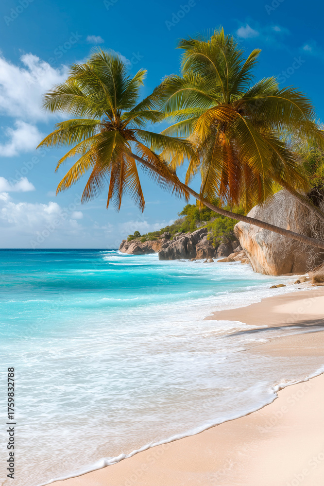 Obraz premium Tropical white sand beach with coco palms and the turquoise sea