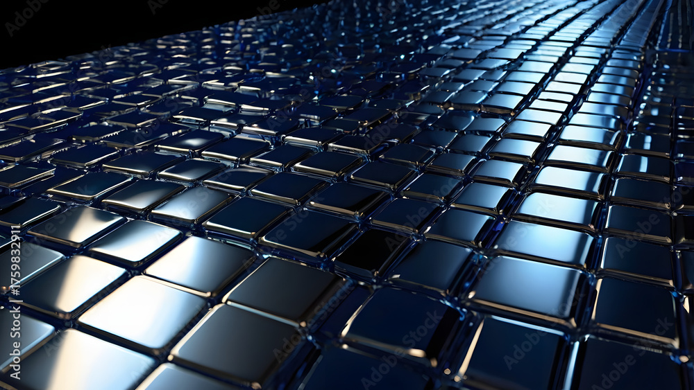 Naklejka premium A mesmerizing perspective showcases a vast metallic surface composed of a grid of reflective cubes, rendered in a striking grayscale palette.