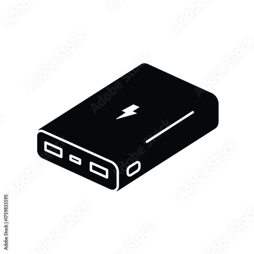 Portable power bank device with usb ports and charging symbol isometric view silhouette