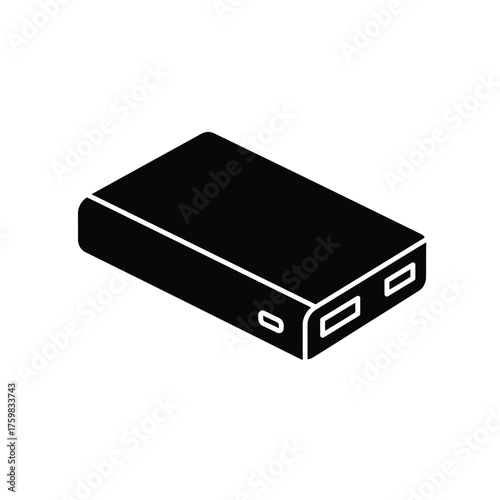 Portable power bank device icon for charging electronics and mobile gadgets silhouette