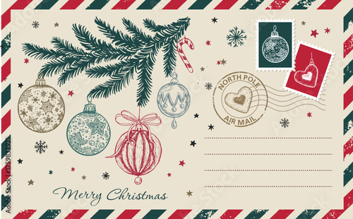 Christmas postcard, card with tree and ball, hand drawn illustration.	
