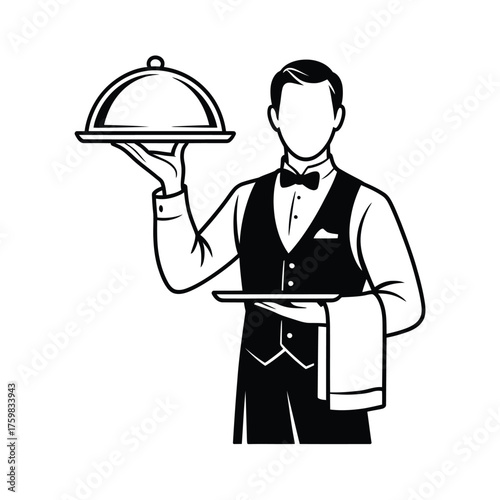 Waiter serving food with covered dish and tray