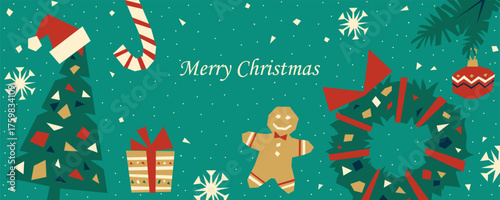 Christmas horizontal banner on emerald background. Background with Christmas tree, wreath, gingerbread man, gift, candy cane, christmas ornament, pine branch. Colorful cut out elements. Vector 