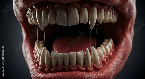 Close-up of unsettling open mouth with sharp, elongated teeth and a dark, dripping liquid