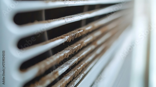 Up close view of a dirty vent with a buildup of dust and debris on its slats. Routine cleaning can prevent buildup. A clean vent helps air circulate better & reduces allergens.