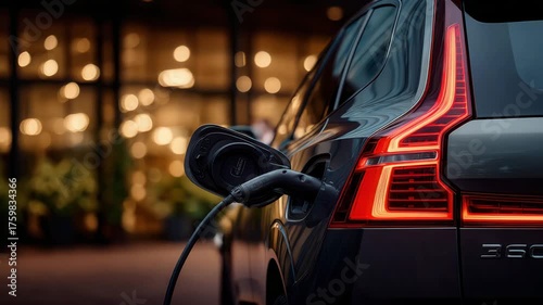 Sleek electric car charging smoothly at modern station, providing eco-friendly energy for sustainable transportation in the city at night