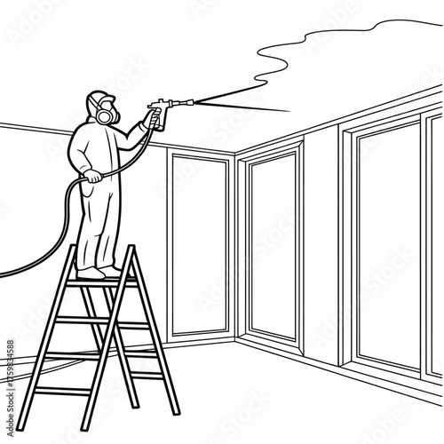 Worker on ladder spraying ceiling with paint sprayer