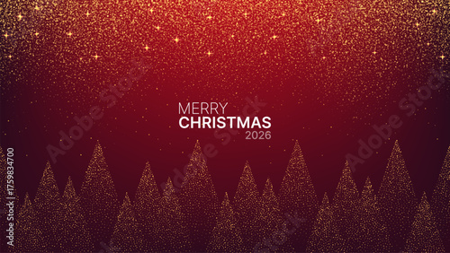 Red background with Merry Christmas 2026 text and glittering golden dots forming abstract christmas tree and falling snow for holiday event.