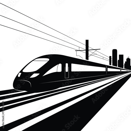 Modern high speed train silhouette traveling towards city skyline