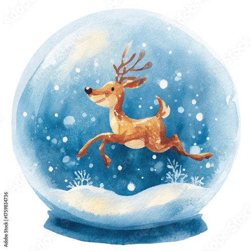 Colorful watercolor snow globe featuring a joyful reindeer leaping through falling snowflakes in a winter scene