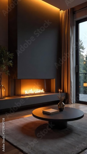 A mesmerizing ethanol fireplace, casting a warm, ambient glow on a modern living room Perfect for adding a touch of elegance and cozy ambiance to any interior design , comfort, stylish