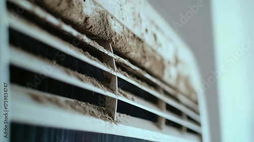 Up-close view of an extremely dirty air conditioner unit with an accumulation of dust on the grilles. Routine cleaning is crucial for optimal performance and better air quality.