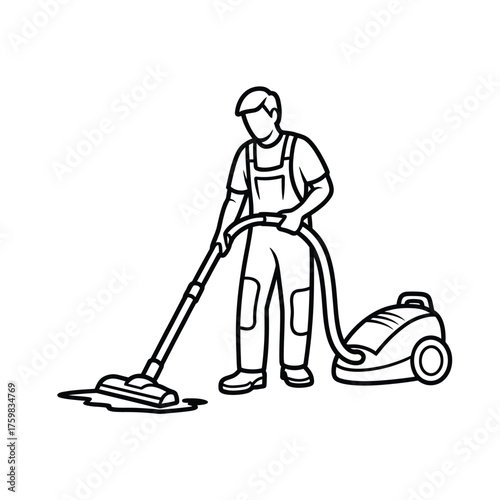 Man in overalls vacuuming a wet floor with a canister vacuum cleaner