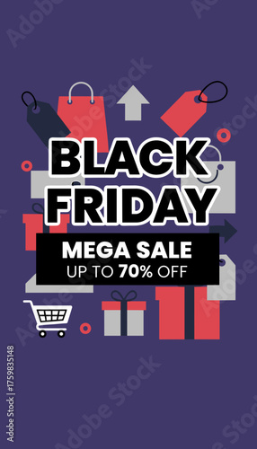Black Friday Mega Sale graphic with up to 70 off Ideal for online promotions and retail