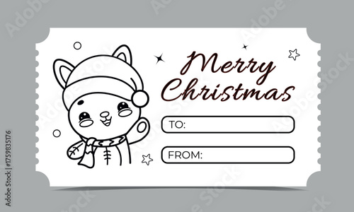 Kawaii Christmas Ticket coloring page with a cute bunny wearing a Santa hat, vector gift tag for kids