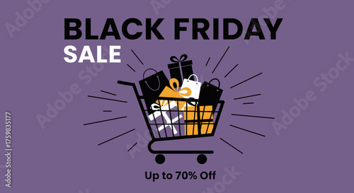 Black Friday Sale graphic Shopping cart loaded with gifts and bags on purple background Retail discount event