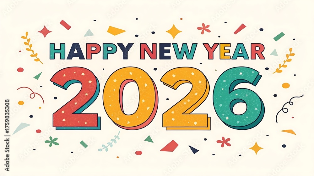 Fototapeta premium Happy new year 2026 text with colourful confetti and festive elements, isolated on white background.