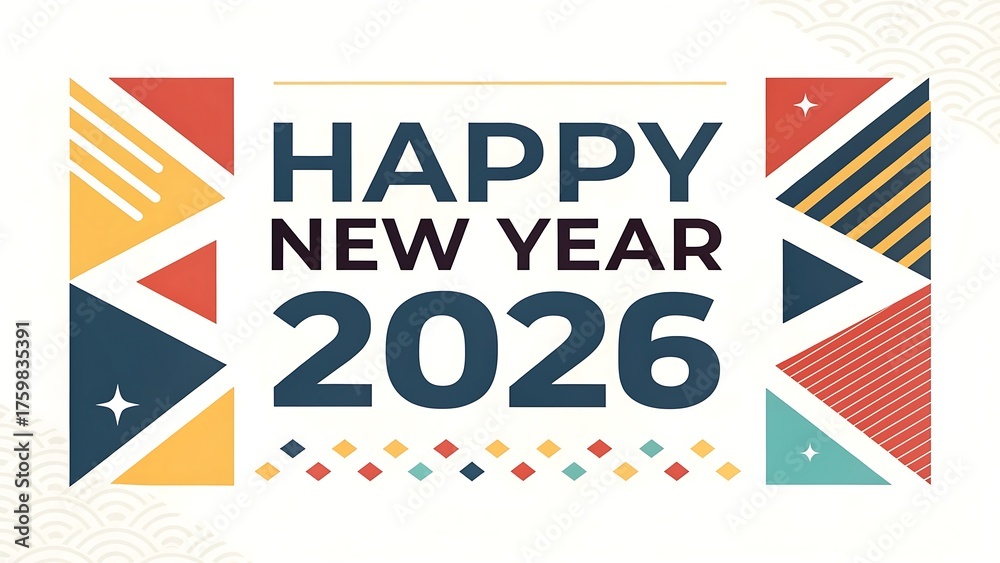 Fototapeta premium Happy new year 2026 text with abstract geometric shapes and colourful confetti, isolated on white background.