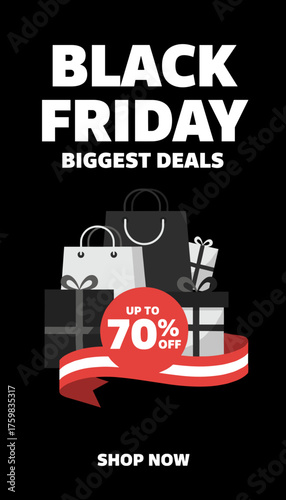 Black Friday biggest deals promotion with shopping bags gifts and up to 70 off discount