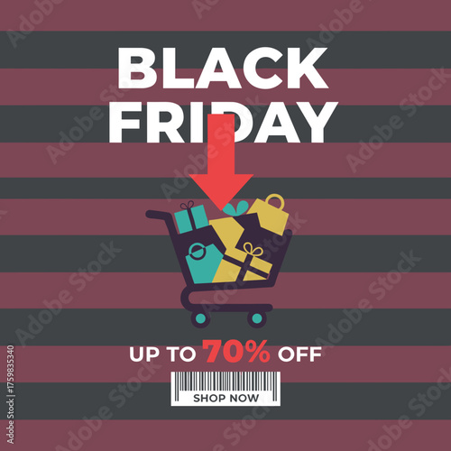 Black Friday sale graphic with shopping cart gifts and up to 70 off discount Shop now