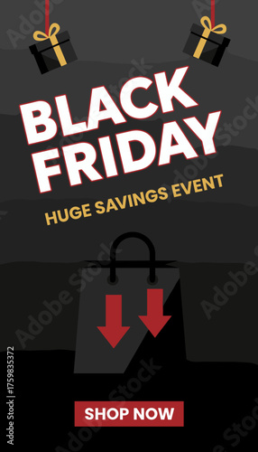 Black Friday Huge Savings Event banner with gift boxes shopping bag and Shop Now button