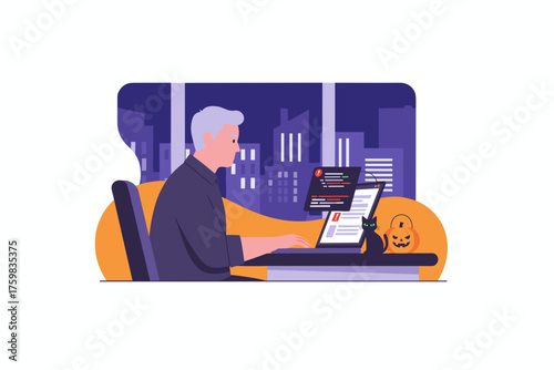 Man working on laptop with code errors and Halloween decorations in a city office