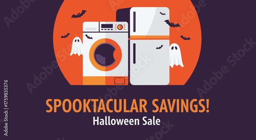 Spooktacular Halloween sale on home appliances like washing machine and refrigerator with festive ghosts and bats illustration