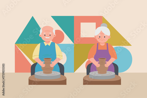 Happy elderly couple enjoying pottery class creating ceramics on a wheel Retirement hobby creative lifestyle