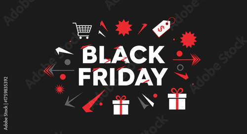 Black Friday commercial graphic on black background with red and white promotional icons