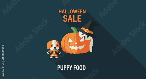 Cute cartoon puppies celebrate Halloween with a carved pumpkin for a special puppy food sale Perfect for pet promotions
