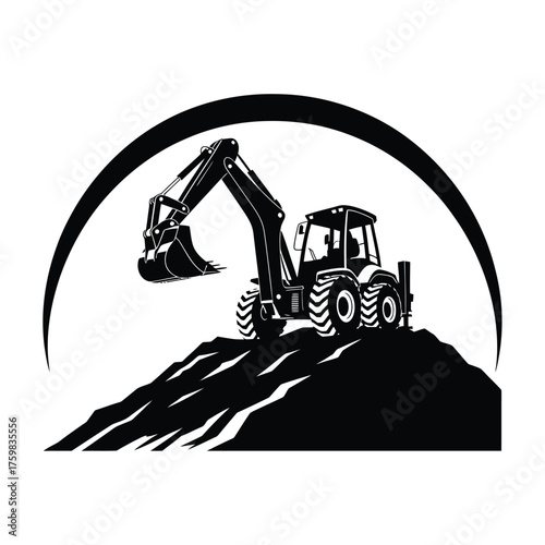 Excavator machine on hilltop under arch silhouette