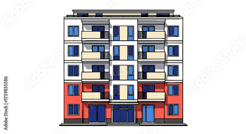 Modern apartment building facade with balconies against a stark black background