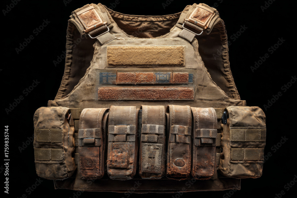 Fototapeta premium Worn military plate carrier vest with pouches providing protective tactical gear