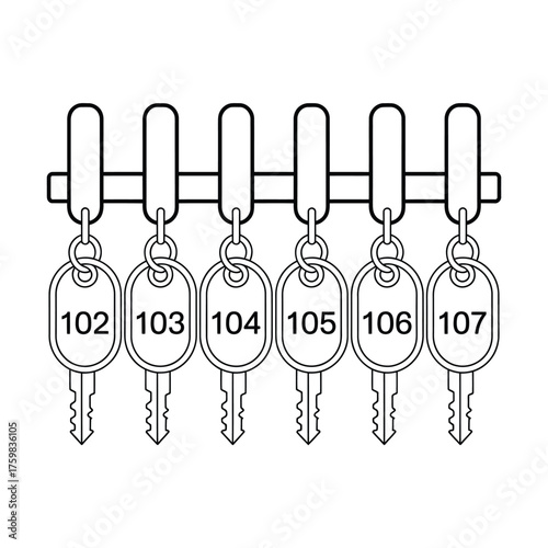 Row of numbered hotel room keys hanging on a rack