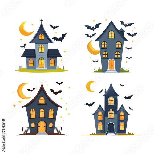 Wallpaper Mural Four spooky haunted houses with crescent moons and bats flying around them, perfect for Halloween decorations. Torontodigital.ca