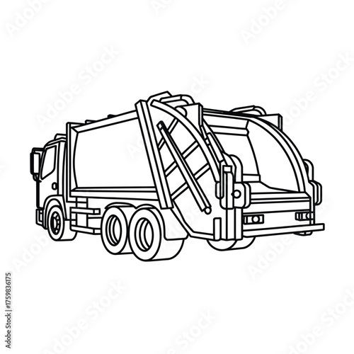 Black and white sketch of a garbage truck with open hopper
