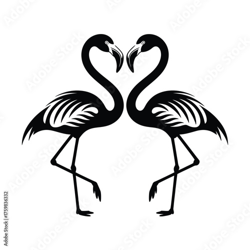 Two black flamingos forming a heart shape silhouette