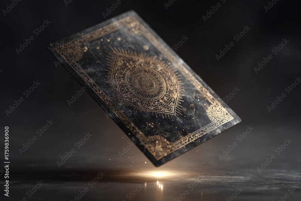 Fototapeta premium Tarot card floating with ornate gold pattern and mystical glow on dark background