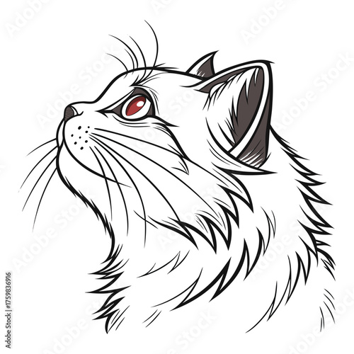 Stylized Fluffy Cat Head Profile Illustration with Red Eye Vector